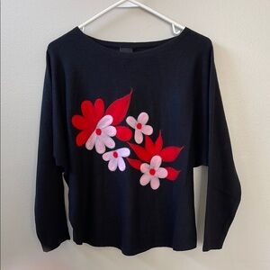 Aaeda Black Long Sleeve Sweater Top with Red and Pink Floral Accents Sz M